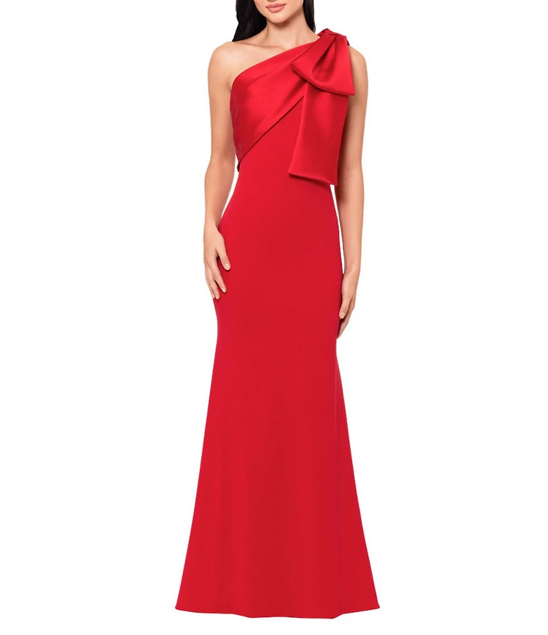 Betsy & Adam Satin Bow One Shoulder Scuba Crepe Sleeveless Mermaid Gown