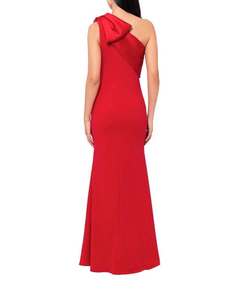 Betsy & Adam Satin Bow One Shoulder Scuba Crepe Sleeveless Mermaid Gown