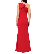 Betsy & Adam Satin Bow One Shoulder Scuba Crepe Sleeveless Mermaid Gown