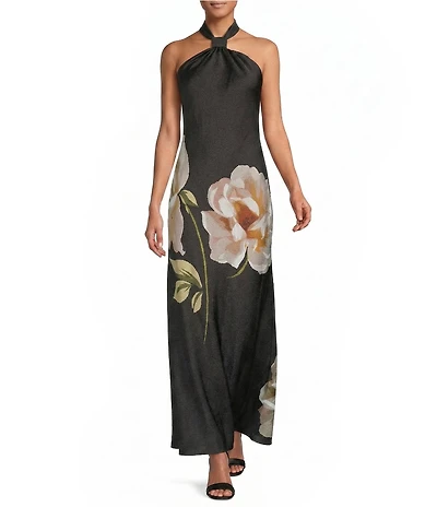 Betsy & Adam Satin Floral Knot Halter Neck Dress