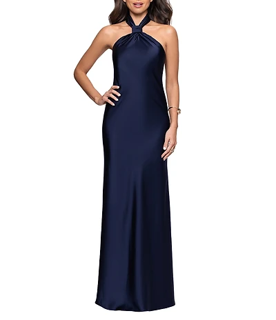 Betsy & Adam Satin Knot Halter Neck Sleeveless Sheath Dress