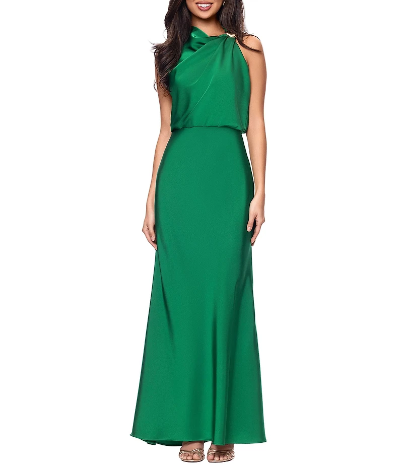Betsy & Adam Satin Long Ruched Dress With Hardware
