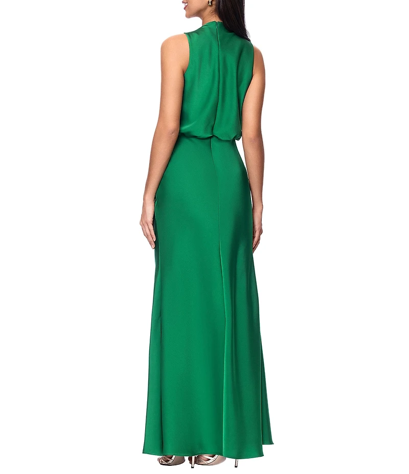 Betsy & Adam Satin Long Ruched Dress With Hardware