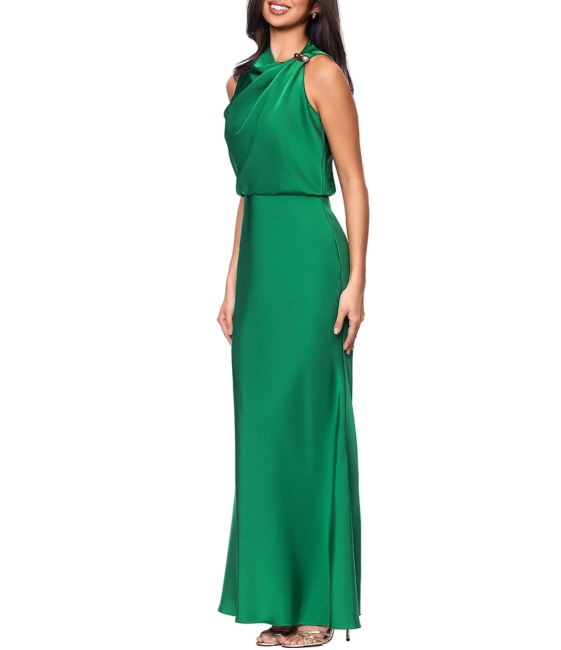 Betsy & Adam Satin Long Ruched Dress With Hardware