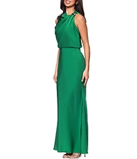 Betsy & Adam Satin Long Ruched Dress With Hardware