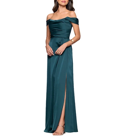 Betsy & Adam Satin Ruched Off The Shoulder Gown