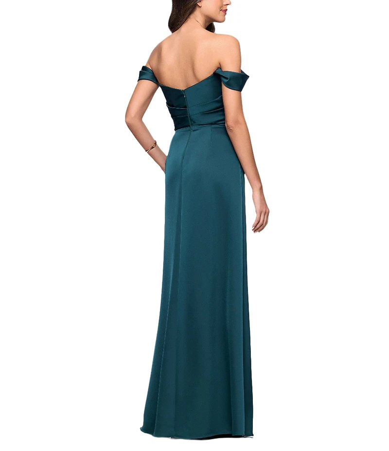 Betsy & Adam Satin Ruched Off The Shoulder Gown