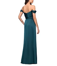 Betsy & Adam Satin Ruched Off The Shoulder Gown