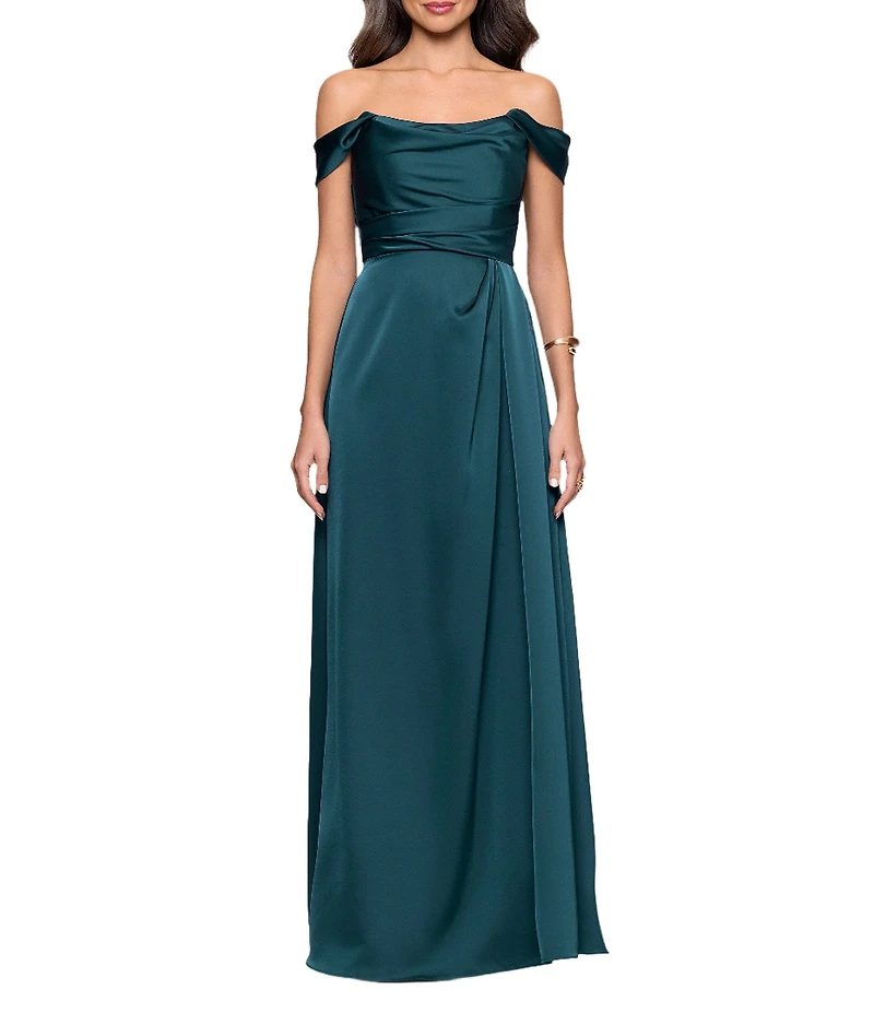 Betsy & Adam Satin Ruched Off The Shoulder Gown