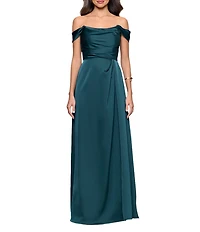 Betsy & Adam Satin Ruched Off The Shoulder Gown