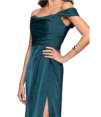 Betsy & Adam Satin Ruched Off The Shoulder Gown