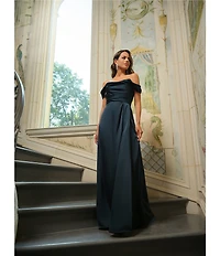 Betsy & Adam Satin Ruched Off The Shoulder Gown
