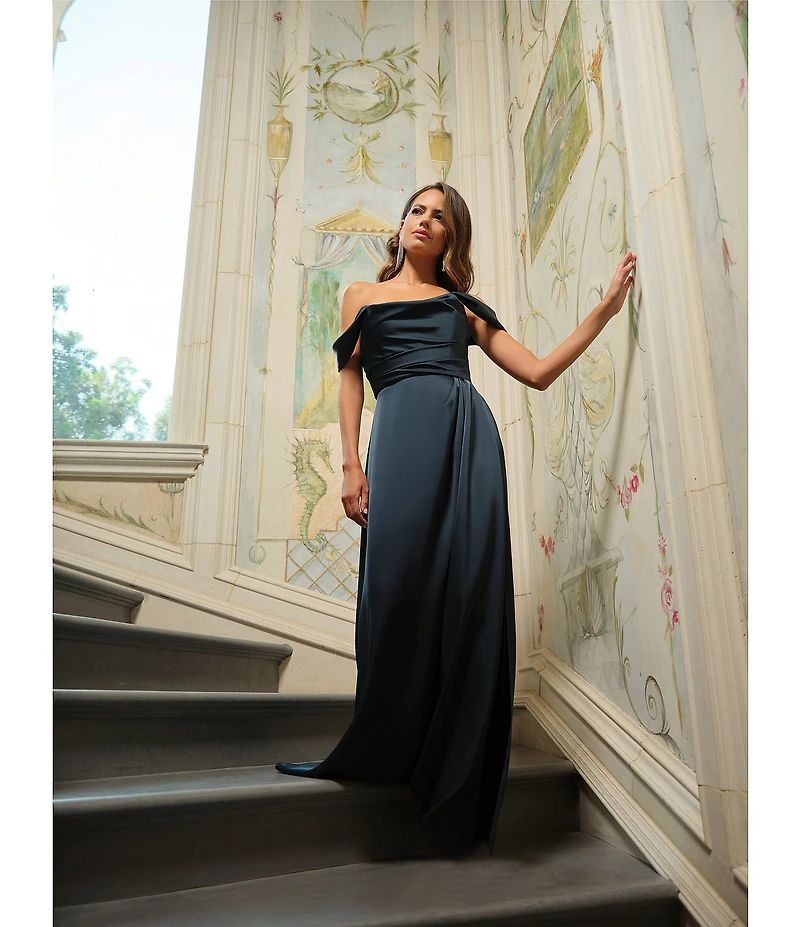 Betsy & Adam Satin Ruched Off The Shoulder Gown