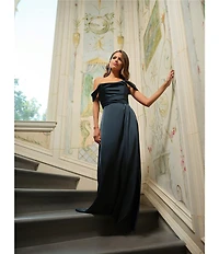 Betsy & Adam Satin Ruched Off The Shoulder Gown