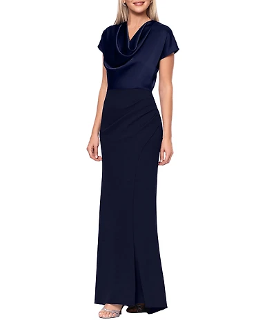 Betsy & Adam Satin Short Sleeve Cowl Neck Gown