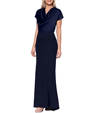 Betsy & Adam Satin Short Sleeve Cowl Neck Gown