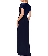 Betsy & Adam Satin Short Sleeve Cowl Neck Gown