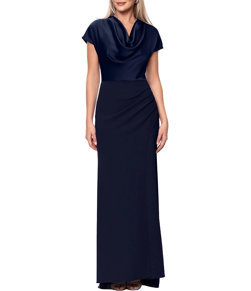 Betsy & Adam Satin Short Sleeve Cowl Neck Gown