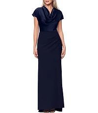 Betsy & Adam Satin Short Sleeve Cowl Neck Gown