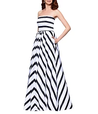 Betsy & Adam Satin Stripe Print Strapless Neck Sleeveless A-Line Gown