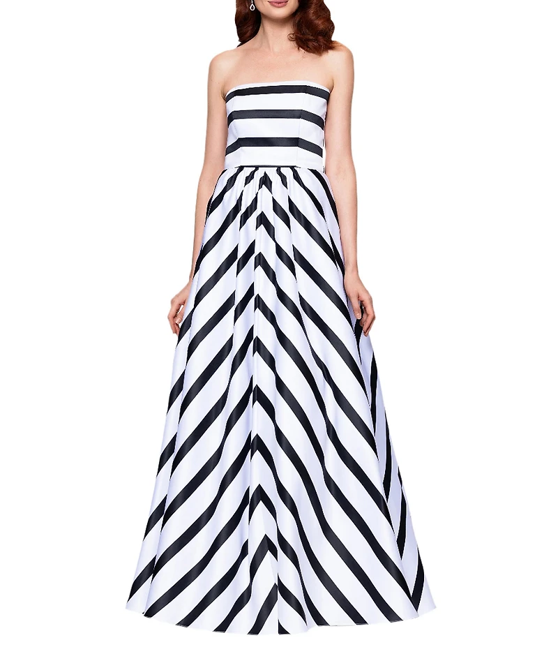 Betsy & Adam Satin Stripe Print Strapless Neck Sleeveless A-Line Gown