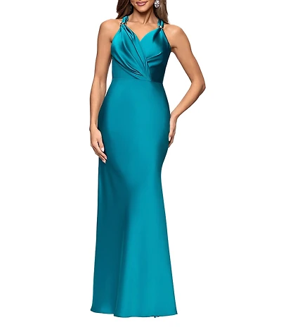 Betsy & Adam Satin V-Neck Sleeveless Hardware Sheath Long Dress