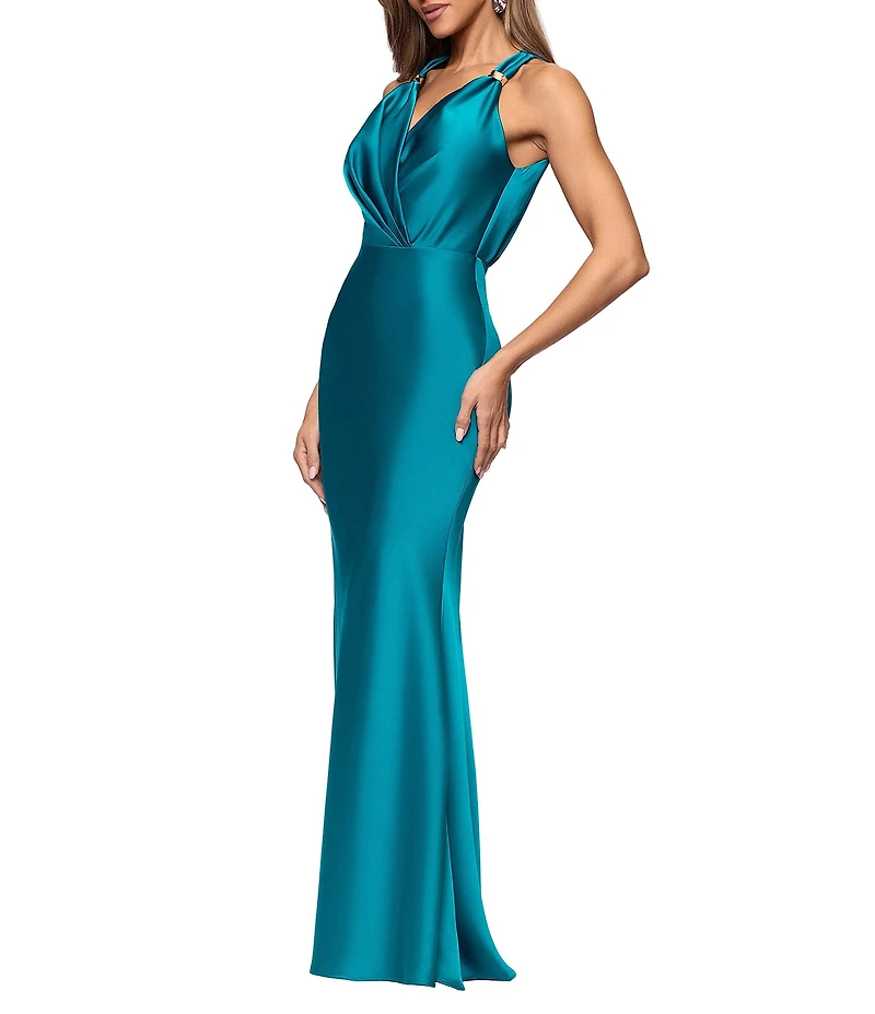 Betsy & Adam Satin V-Neck Sleeveless Hardware Sheath Long Dress
