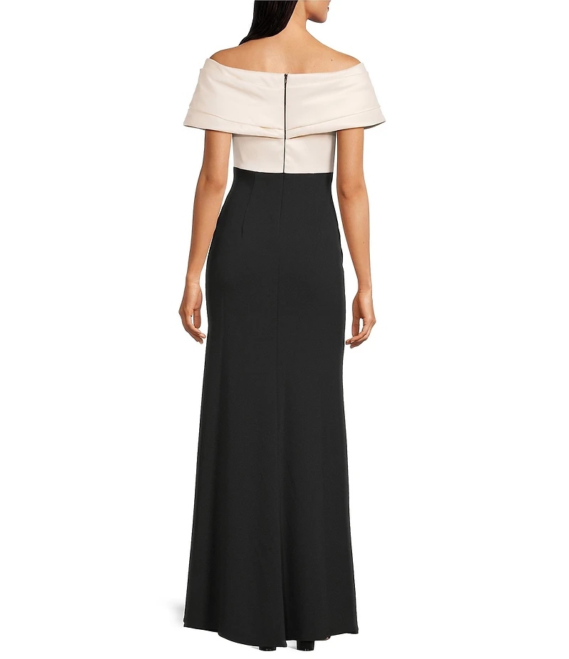 Betsy & Adam Scuba Crepe & Mikado Off-The-Shoulder Pleated Bodice Mermaid Gown