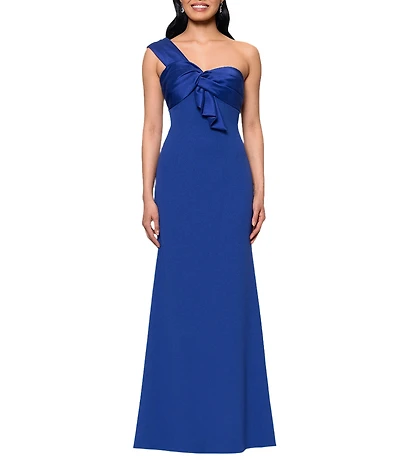 Betsy & Adam Scuba Crepe Mikado One Shoulder Mixed Media Sheath Gown