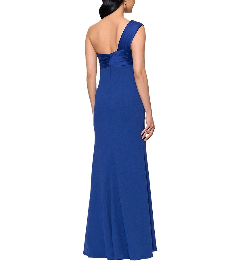 Betsy & Adam Scuba Crepe Mikado One Shoulder Mixed Media Sheath Gown