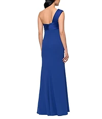 Betsy & Adam Scuba Crepe Mikado One Shoulder Mixed Media Sheath Gown