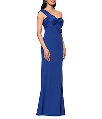 Betsy & Adam Scuba Crepe Mikado One Shoulder Mixed Media Sheath Gown