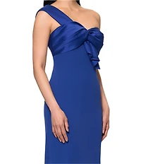 Betsy & Adam Scuba Crepe Mikado One Shoulder Mixed Media Sheath Gown
