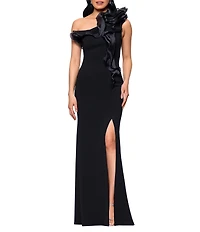 Betsy & Adam Scuba Crepe Organza Off-The -Shoulder Sleeveless Long Gown