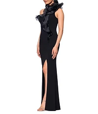 Betsy & Adam Scuba Crepe Organza Off-The -Shoulder Sleeveless Long Gown