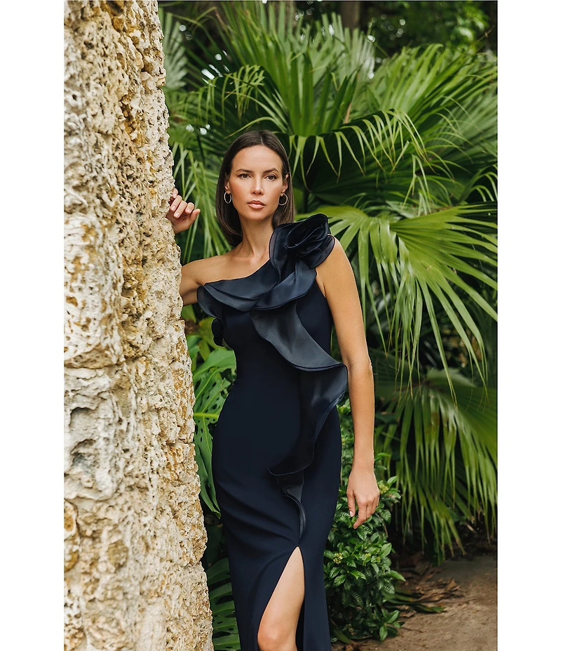 Betsy & Adam Scuba Crepe Organza Off-The -Shoulder Sleeveless Long Gown
