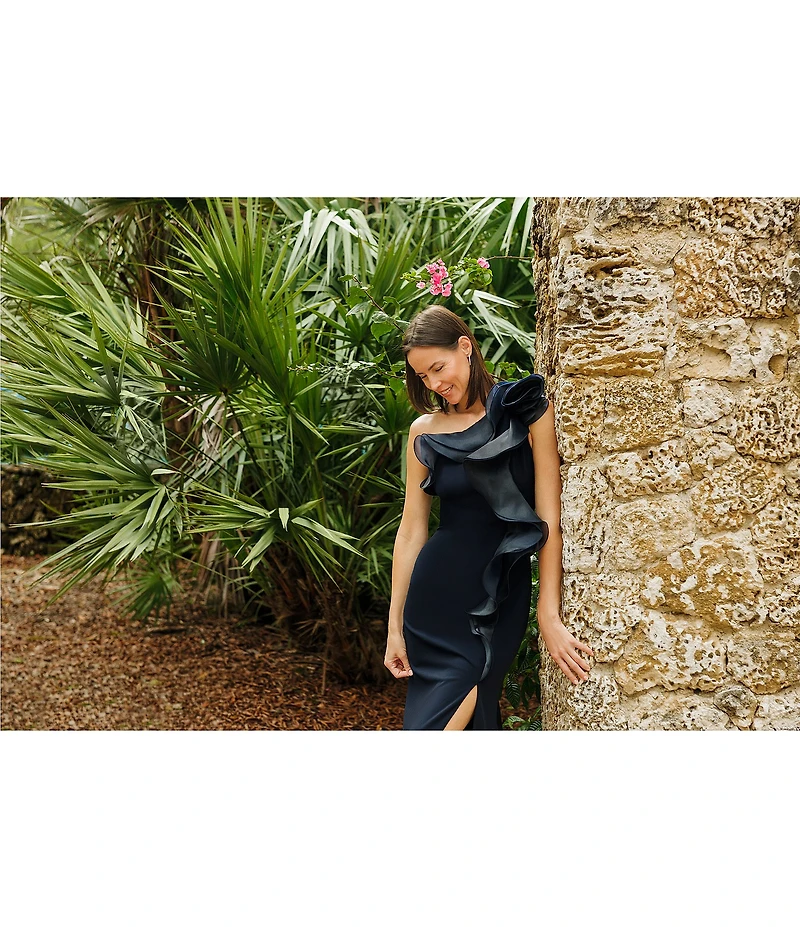 Betsy & Adam Scuba Crepe Organza Off-The -Shoulder Sleeveless Long Gown