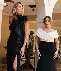Betsy & Adam Scuba Crepe Organza Off-The-Shoulder Sleeveless Long Gown