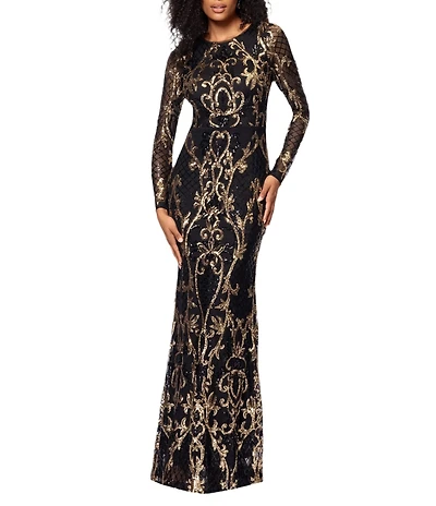 Betsy & Adam Sequin Crew Neck Long Illusion Sleeve Sheath Gown