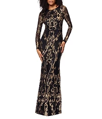 Betsy & Adam Sequin Crew Neck Long Illusion Sleeve Sheath Gown