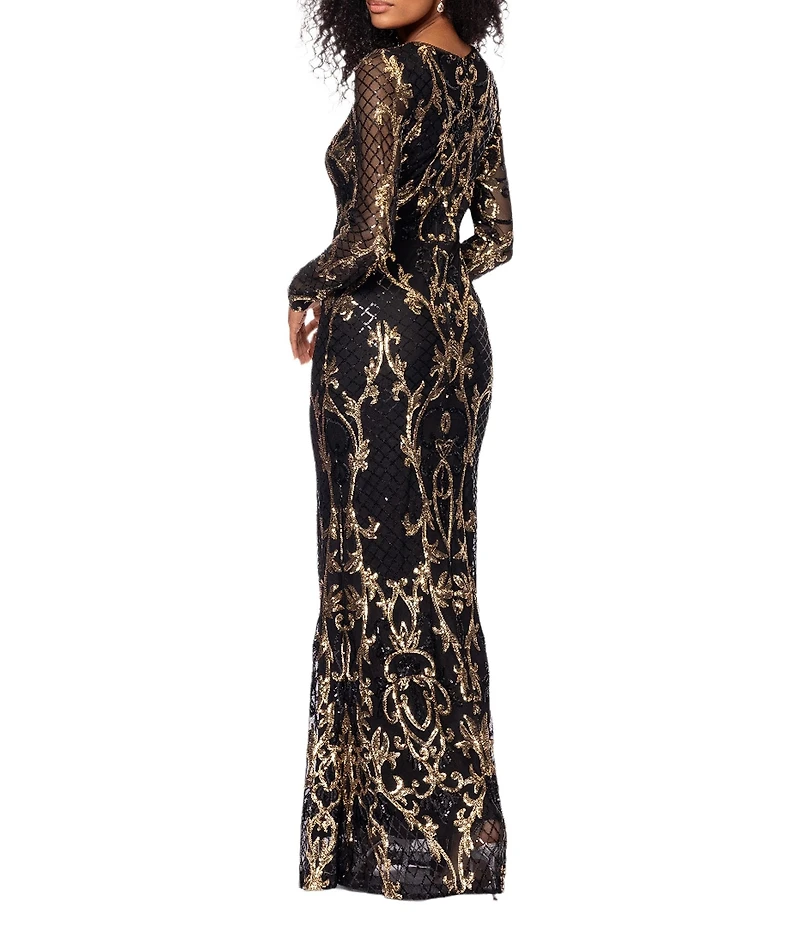 Betsy & Adam Sequin Crew Neck Long Illusion Sleeve Sheath Gown