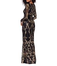 Betsy & Adam Sequin Crew Neck Long Illusion Sleeve Sheath Gown