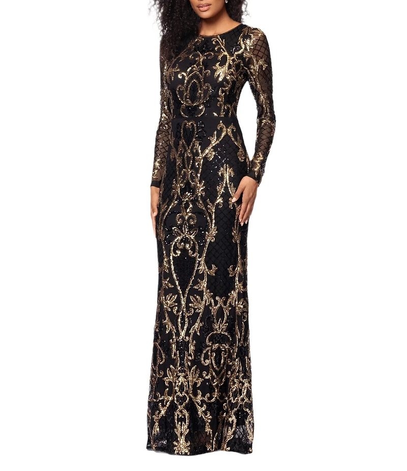 Betsy & Adam Sequin Crew Neck Long Illusion Sleeve Sheath Gown