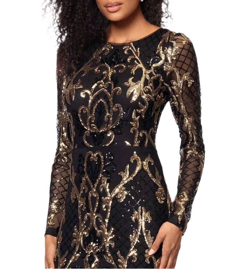 Betsy & Adam Sequin Crew Neck Long Illusion Sleeve Sheath Gown