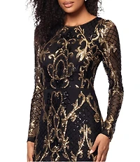Betsy & Adam Sequin Crew Neck Long Illusion Sleeve Sheath Gown