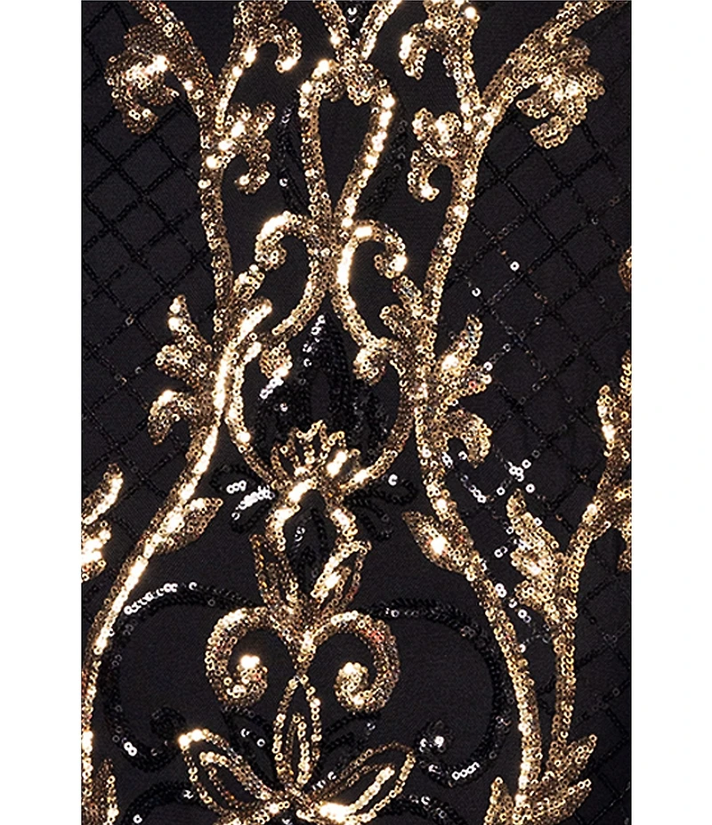 Betsy & Adam Sequin Crew Neck Long Illusion Sleeve Sheath Gown