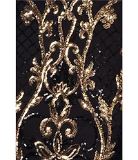 Betsy & Adam Sequin Crew Neck Long Illusion Sleeve Sheath Gown