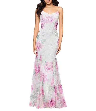 Betsy & Adam Sequin Floral Print V Neck Sleeveless Mermaid Gown
