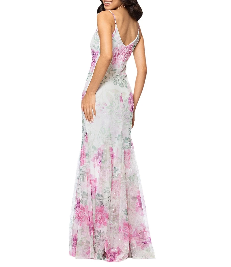 Betsy & Adam Sequin Floral Print V Neck Sleeveless Mermaid Gown
