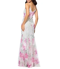 Betsy & Adam Sequin Floral Print V Neck Sleeveless Mermaid Gown